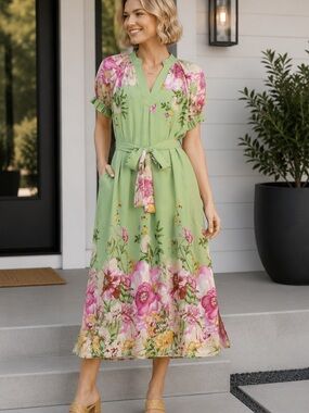 Sage Mix Floral Border Print Midi Dress